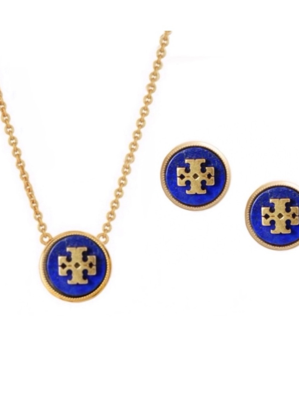 Tory Burch Kira Gold and Lapis Lazuli Pendant Necklace and Stud Earrings Set